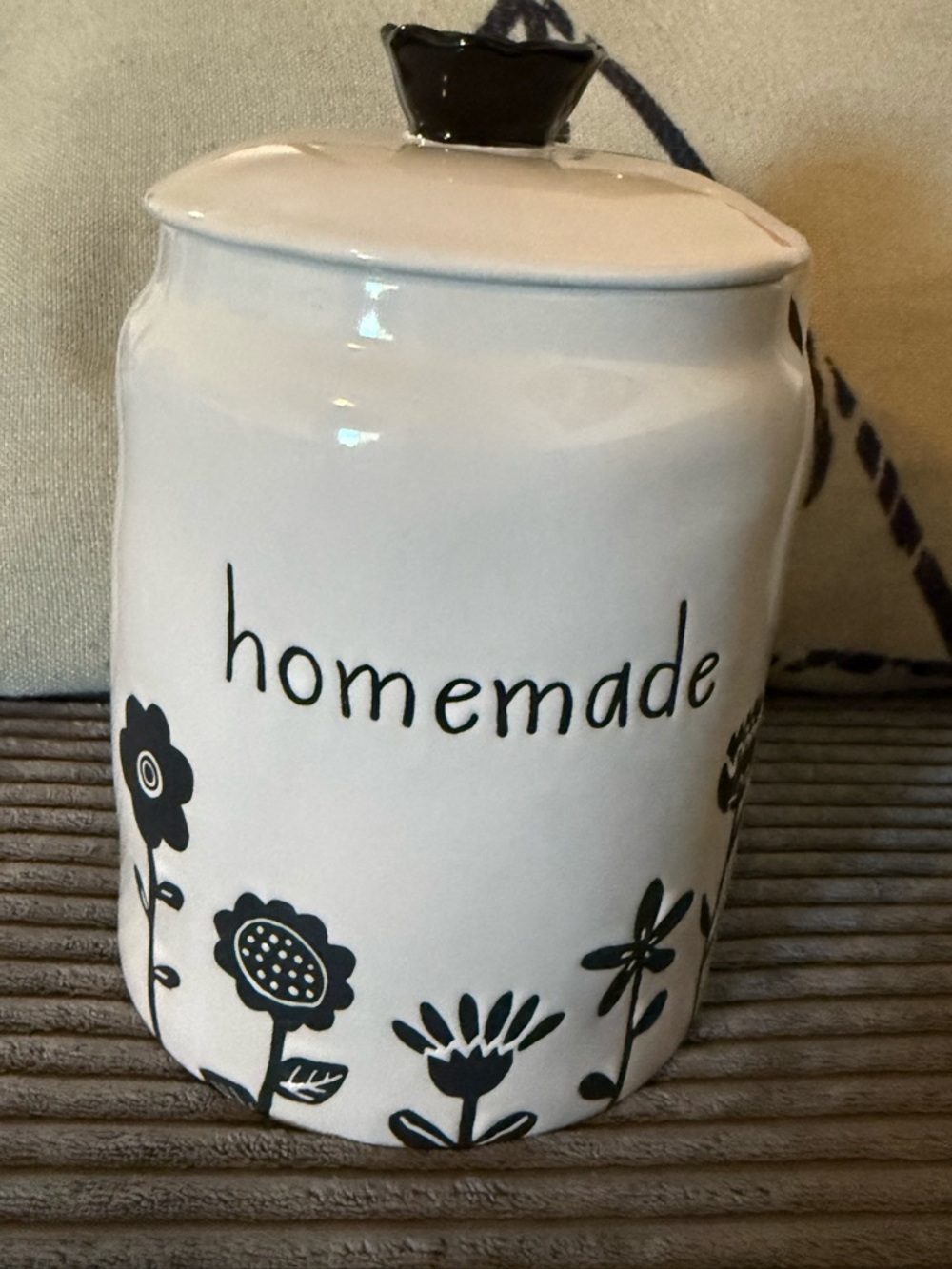 Rae Dunn White Ceramic 'homemade' Canister with Black Floral Design- NWT